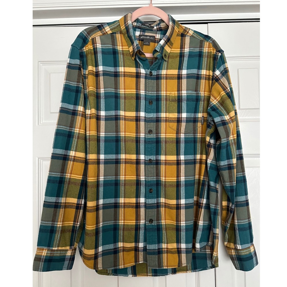 Eddie Bauer Mens Plaid Flannel Long‎ Sleeve Button Up Shirt Size L 100% Cotton